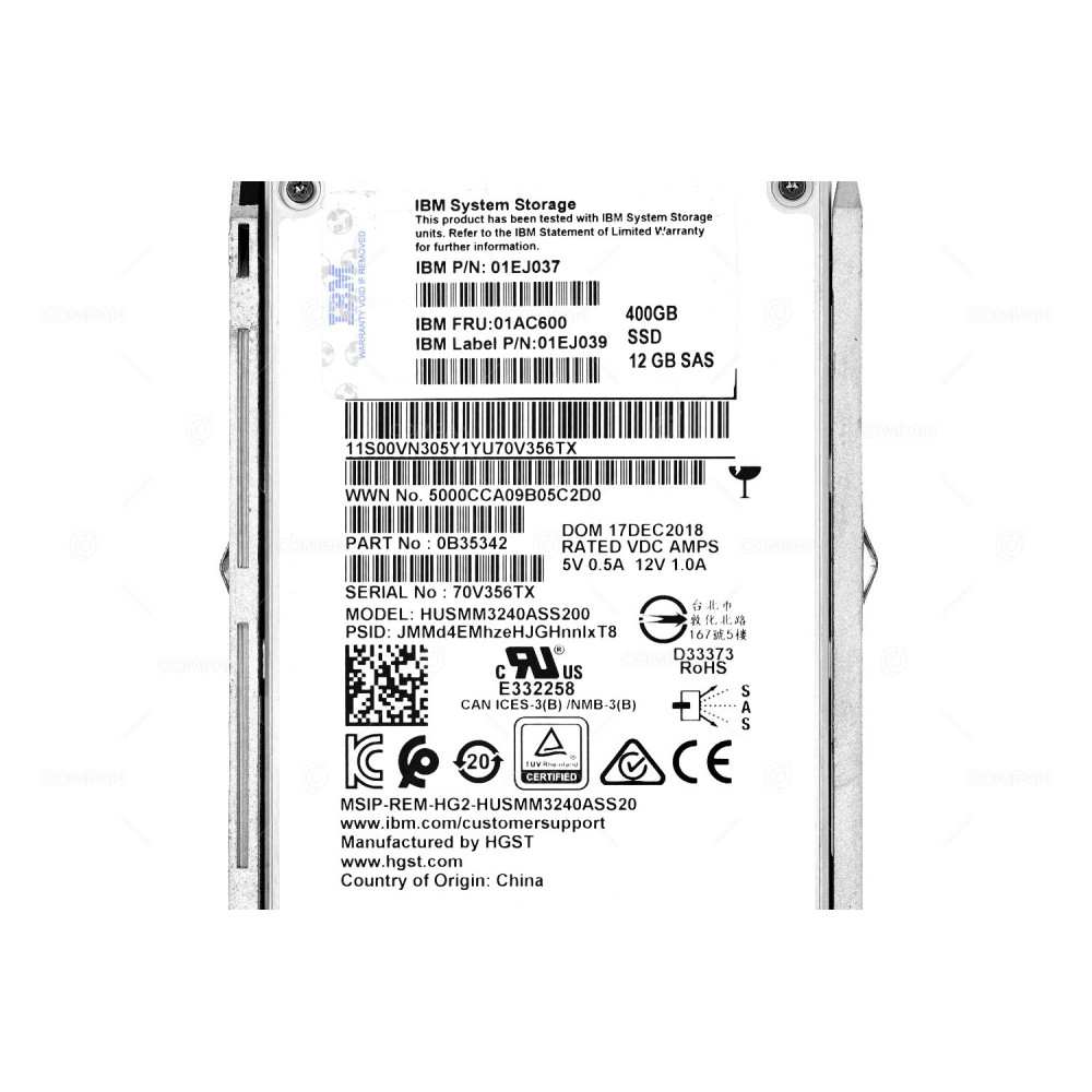 01AC600  IBM SSD 400GB SAS 12G 2.5" SFF FOR IBM STORWIZE V5000 G2